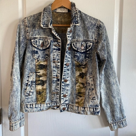 YaYa Club Stonewash Denim Jacket w/ Camouflage Print women's S jean retro boho - Picture 1 of 16